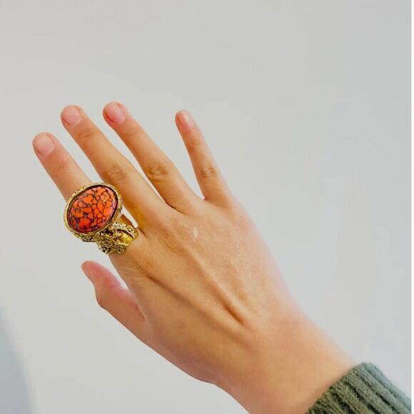 Yves Saint Laurent YSL 5 Arty Orange Coral Cabochon Limited RARE 24k Gold Ring - Picture 14 of 14